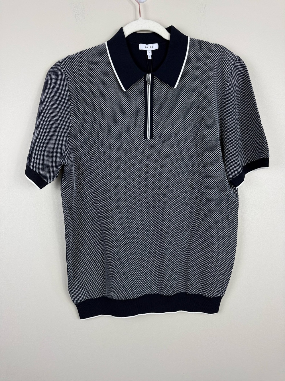 Reiss Jake Short Sleeve Zip Polo Mens Large Navy Blue White Sweater Top NWT